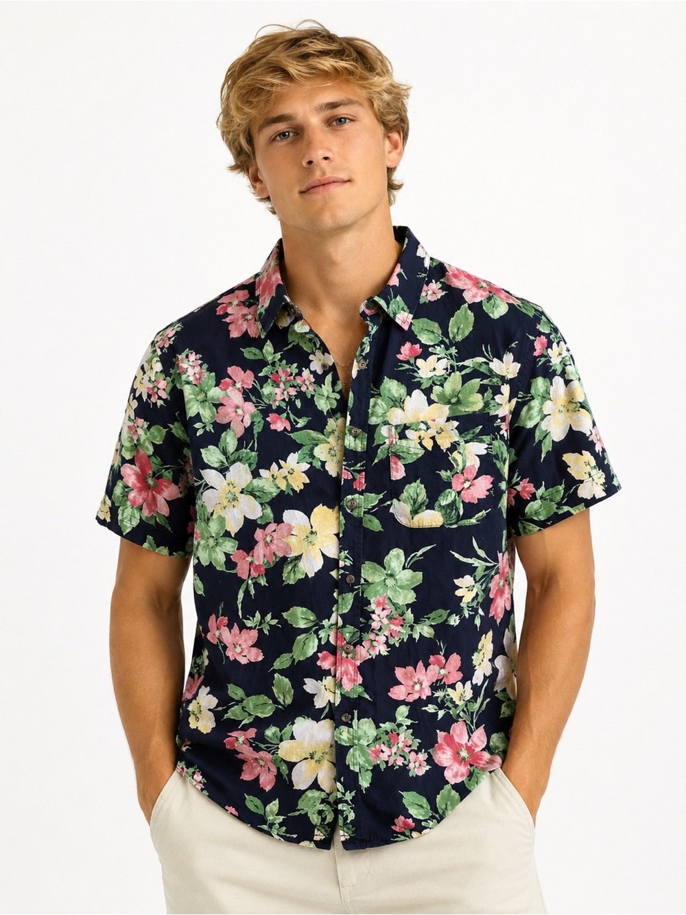 Old Navy Floral Camp Shirt Watercolor Button-Up Men’s XL Coastal Resortwear